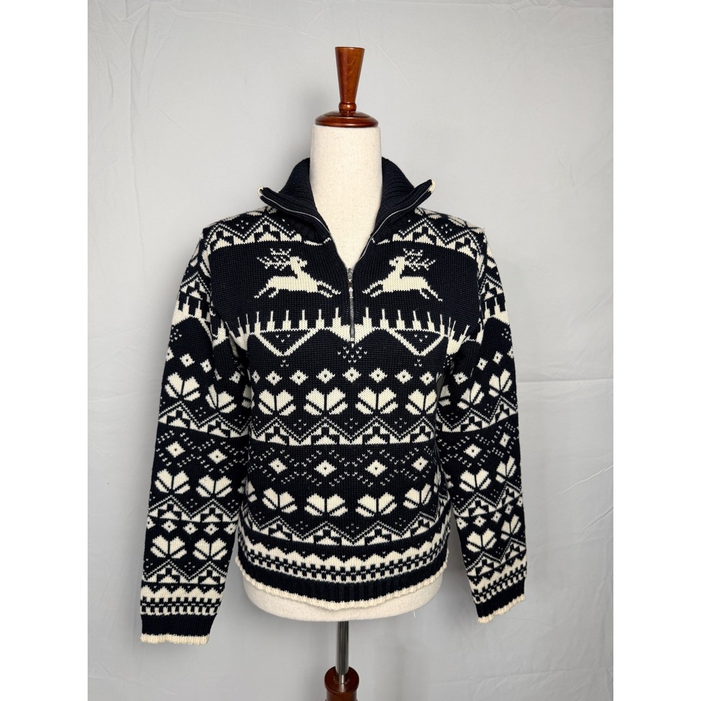 Post Card Italy Womens Nordic Reindeer Fair Isle black & white Sweater 100% Wool